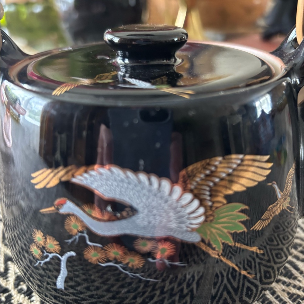 Pier 1 Black Ceramic Teapot with Crane Motif